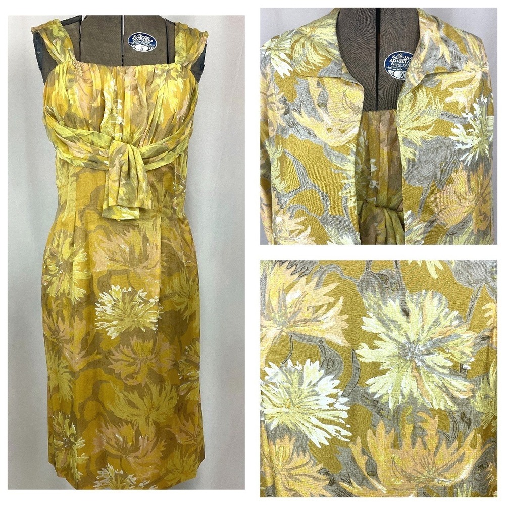 Vintage 60s Womens‎ (M) Gold Yellow Floral Dress & Coat Midi Party Cocktail USA
